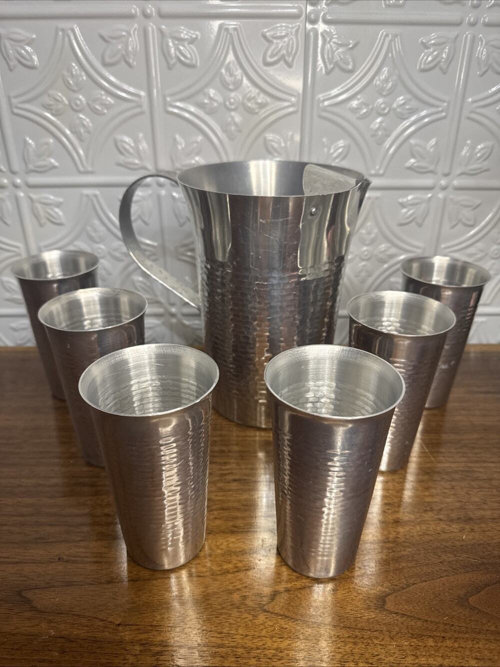 Nasco Italy Vintage Pitcher Cups Set Of 6 Hammered Aluminum
